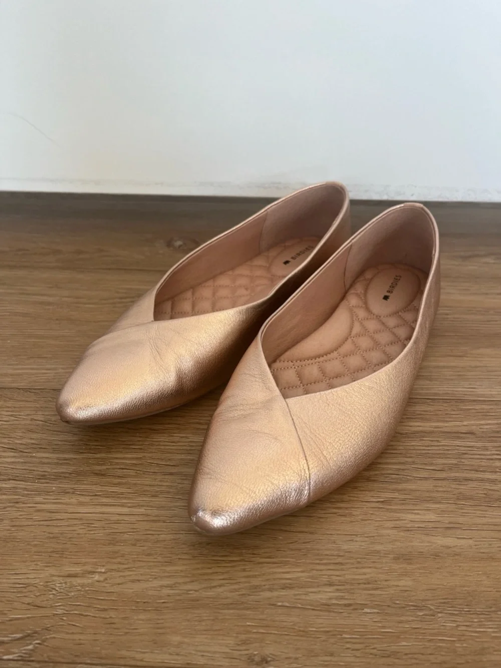 Birdies Goldfinch Leather Point Toe Ballet Flats Rose Gold, 7.5